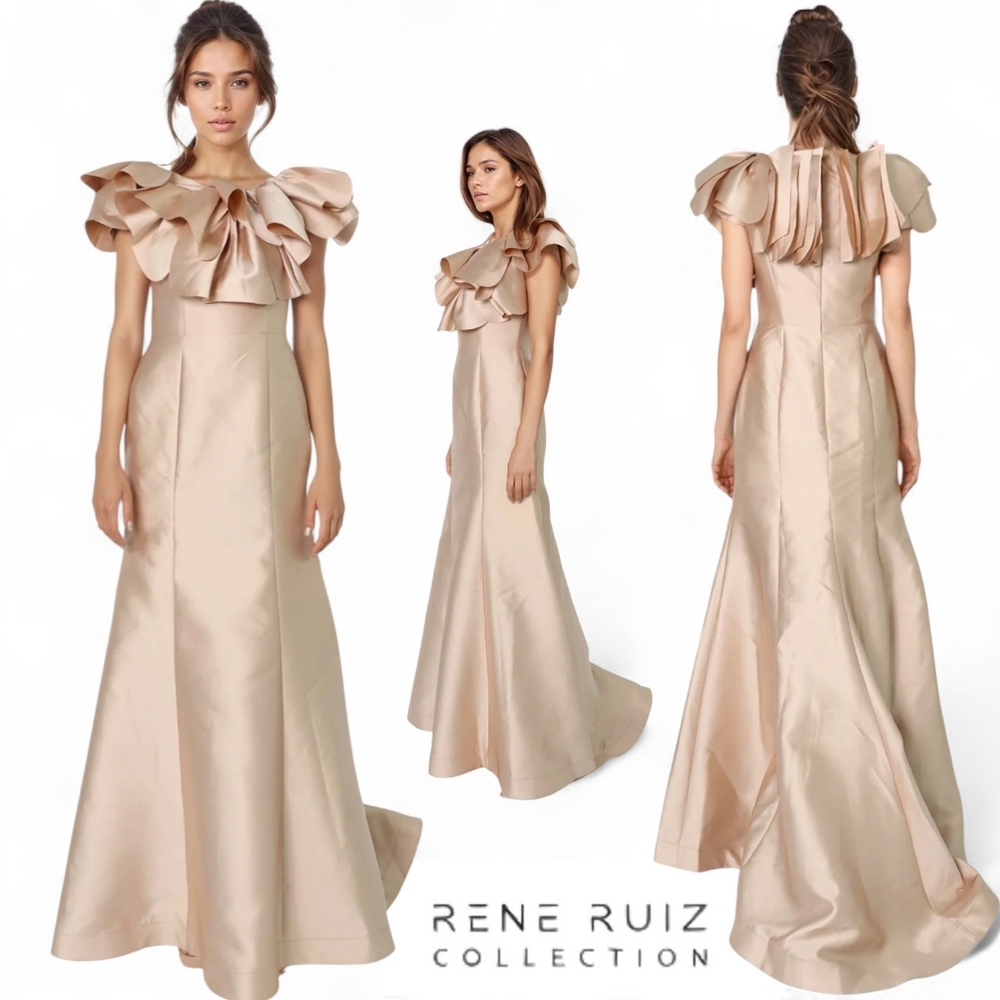 Rene Ruiz Bardot Rosette Fit and Flare Mikado Gown - Champagne Sz 10 NWT